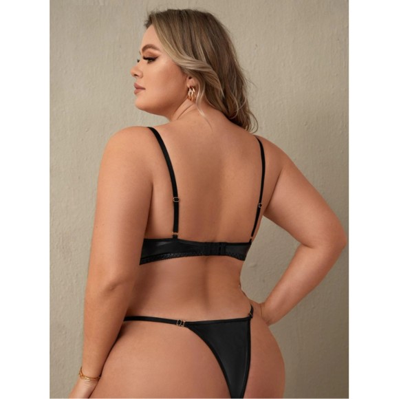 14 (1X) Black PU Leather Chain Linked Teddy Bodysuit - Picture 4 of 5